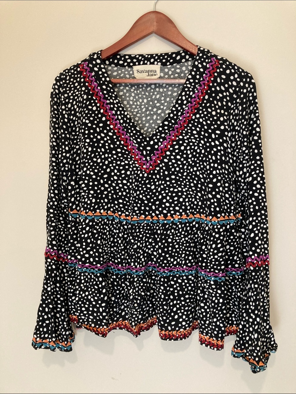 Savanna Jane Black & White Polka Dot V-Neck Top with Colorful Trim